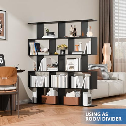 Set of 2 Geometric Bookcase, S-Shaped Modern Bookshelf, Room Divider Bookshelf, 62" Tall Unique Abstract Bookcase with 5-Tier Display Shelf for Living Room Office, Black - color: Black