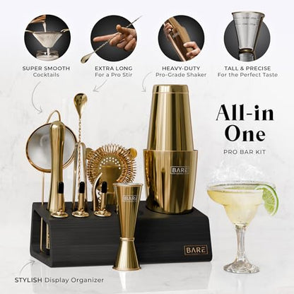 BARE BARREL® Mixology Bartender Kit Bar Set | 14-Piece Cocktail Shaker Set | Martini Barware Mixing Tools for Home Bartending | Incl. 35 Recipe Cards | Gift Set (28oz Boston Shaker, Gold/Black) - color: Gold/Black
