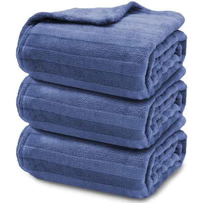 3-Pack Fleece Throw Blankets 50x60, 300GSM Ultra Soft Flannel, Siro-Spun Yarn Dual-Tone Textured Design, Lightweight Warm Couch Sofa Bed Blankets, No Shedding All Season (Navy Blue) - color: Siro Yarn Navy Blue