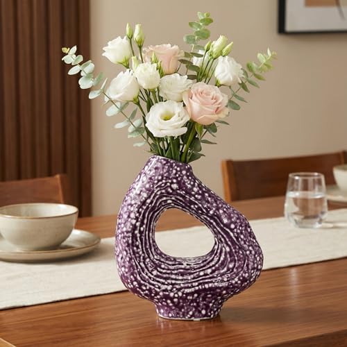 Sunddo Ceramic Flower Vase, 9 Inch, Purple | Modern, Unique Donut Design, For Living Room, Centerpiece Table, Kitchen, Fireplace, Bookshelf - color: Purple, size: 9 inch