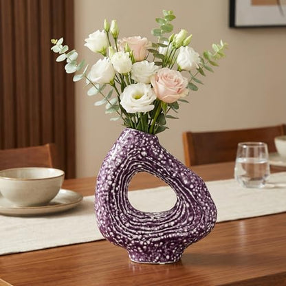 Sunddo Ceramic Flower Vase, 9 Inch, Purple | Modern, Unique Donut Design, For Living Room, Centerpiece Table, Kitchen, Fireplace, Bookshelf - color: Purple, size: 9 inch