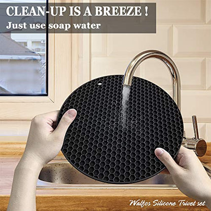 Silicone Trivet Mats - Walfos Heat Resistant Pot Holders Set, 4pcs 2 Sizes 7 Inch & 9 Inch, Multipurpose Non-Slip Hot Pads for Hot Pot, Hot Dishers, Jar Opener, Food Grade & BPA Free (Black) - style: 7+9in, 4 Black Round