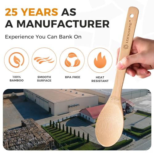 Wooden Spoons for Cooking Bamboo Utensils Set (6 Pieces) - Essential Tools Wooden Spoons & Spatula for Everyday Stirring, Mixing, Flipping & Serving, Gentle on Nonstick Cookware