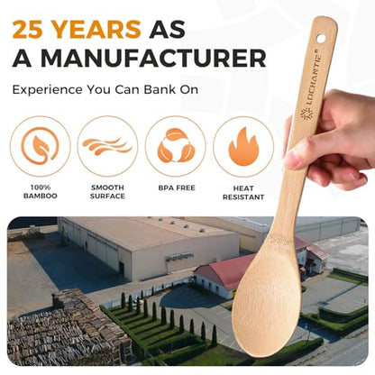 Wooden Spoons for Cooking Bamboo Utensils Set (6 Pieces) - Essential Tools Wooden Spoons & Spatula for Everyday Stirring, Mixing, Flipping & Serving, Gentle on Nonstick Cookware
