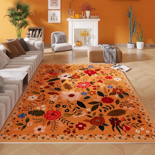 Rugcomf Living Room Rug 5x7 Rug Machine Washable Boho Area Rug Non Slip Floral Vintage Low Pile Large Rugs for Living Room, Bedroom, Farmhouse, Dining Room, Kids Playroom(Yellow) - color: Yellow Orange, size: 5' x 7' (Rectangular)