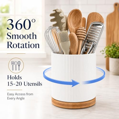 360 Rotating Cooking Utensil Holder,Kitchen Utensil Holder for Countertop | Utensil Crock for Kitchen Counter with Rotatable Wooden Base,Ideal Gifts for Housewarming Home Chefs and Cooking - color: white