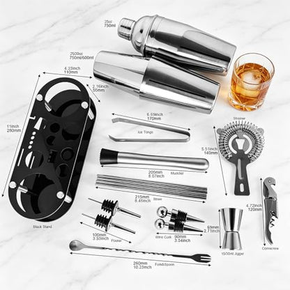 17Pcs Cocktail Shaker Set 750ml, 750/600ml Bartending Kit 25oz, 25/20oz Bar Shakers Tools Bartender Kit with Recipe Book Black Stand