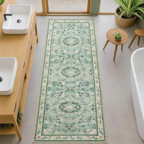 GarveeHome 2x6 Washable Runner Rug for Hallway Non Slip Floral Kitchen Rugs | Vintage Low Pile Bug Rug for Entryway Laundry Room Bedroom Dorm Stain Resistant Non-Shedding Soft Indoor Capret, Green - color: Green, size: 2'x6'(Runner)