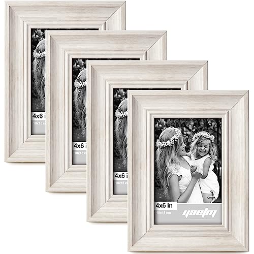 Yaetm 4x6 Picture Frame Set of 4, 1.4” Wide Molding & Rustic White Photo Frames with HD Tempered Glass, Display on Table Top & Wall Mounting (4 pack, Rustic White) - color: Rustic White, size: 4x6, 4 pack