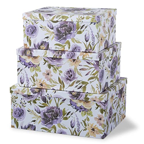 Soul & Lane - Purple Passion Decorative Storage Boxes with Lids, Set of 3 | Large Nesting Cardboard Keepsake Boxes for Memories and Gifts, Purple Lavender Floral Containers, Stackable Hat Box Style - color: Purple Passion