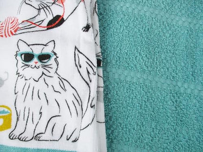 100% Cotton Kitchen Towel Set 2 Pack (Cartoon Cats and Mint Blue) - color: Cartoon Cats and Mint Blue