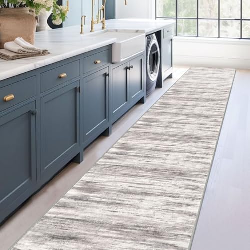 KOZYFLY Modern Abstract Washable Rug Runner 2.6x16 Hallway Rug Runner Non-Slip Soft Kitchen Runner Rugs, Grey/Light Beige/Brown Striped Carpet for Stair Entryway Bathroom - color: Grey/Light Beige/Brown, size: 2'8" x 16' (Runner)