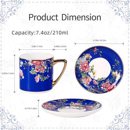 KAMMAK Tea Cup and Saucer, Ceramic Coffee Cups, 7.4 oz, Set of 2 | Porcelain Tea Cups with Saucers for Coffee and Cappuccino, Ideal for Breakfast, Afternoon Tea and Entertaining,631+632N - style: 631N+632N
