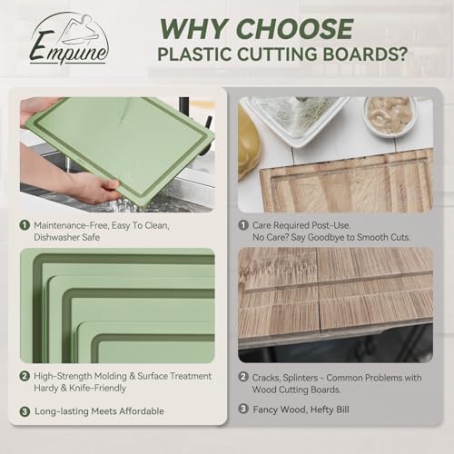 Empune 3-Piece Plastic Cutting Boards for Kitchen - Thick & Non-Slip Chopping Board Set with Juice Grooves, Dishwasher Safe, BPA Free, Includes Large & Small Sizes, Green - color: Green