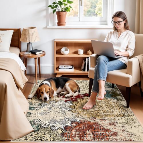 Washable 4x5 Area Rug Abstract: Red Soft Non-slip Mat Bathroom Households | Low Pile Mandala Floor Carpet Easy Cleaning Bedside Accent Small Entryway Foyer Kitchen Spot mat Apartment Condo Dwellers - color: Red/Green/Multi, size: 4' x 5' (Rectangular)