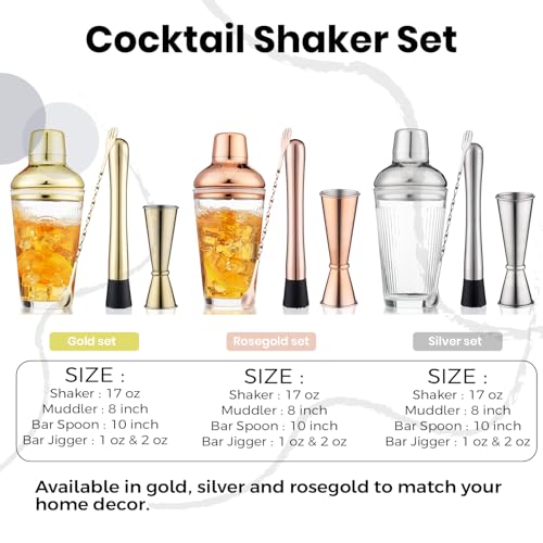 Cocktail Shaker Set - Bartender Shaker Kit with Mixing Tools & Stainless Steel Strainer, Premium Bar Tool Set for Crafting Martinis & Whiskey Cocktails (Rosegold) - color: Rose Gold Set