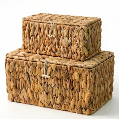 Wicker Storage Baskets Set with Lids - Rattan Organizing Basket Natural Rectangular Shelf Bins for Bedroom, Bathroom, Living Room Clutter - Large & Small Sizes Included