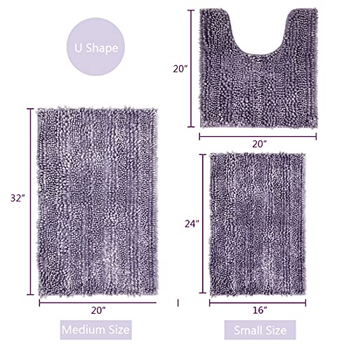 Purple Bathroom Rugs Sets 3 Piece, Super Absorbent Water Bath Mat Set with U-Shaped Toilet Rug,Ultra Soft Chenille Bath Mats for Bathroom and Tub,20x32+16x24+U-Shape20x20 Inch - color: Purple
