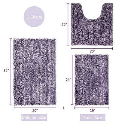 Purple Bathroom Rugs Sets 3 Piece, Super Absorbent Water Bath Mat Set with U-Shaped Toilet Rug,Ultra Soft Chenille Bath Mats for Bathroom and Tub,20x32+16x24+U-Shape20x20 Inch - color: Purple