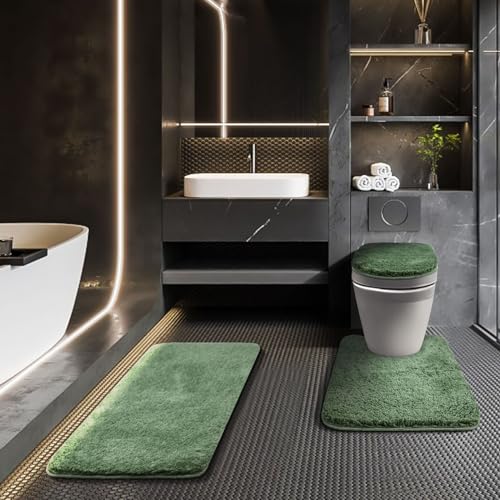 Bathroom Rugs Sets 3 Piece with Toilet Seat Cover 17.5"x 15" | Machine Washable Bath Rug Set with Tpr Non Slip Rubber Backing Solid Bath Mat Set for Luxury Bathroom Decoration - color: Olive Green, size: 17.5" x 15"+ 32" x 20"+ U 24" x 20"
