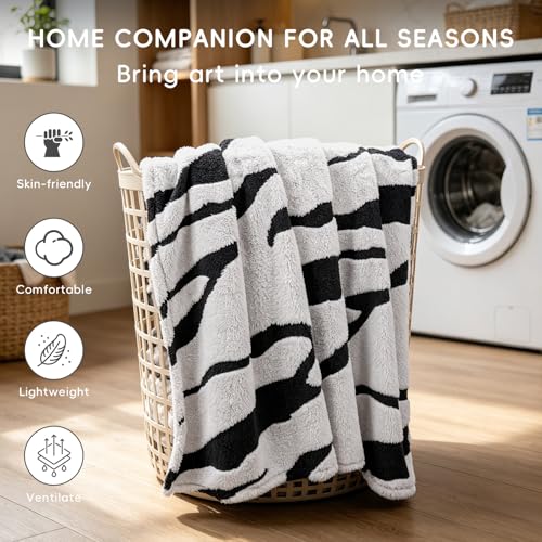 Zebra Printed Fleece Throw Blanket-Cozy Soft Lightweight Fuzzy Throw Blanket for Sofa, Couch, Bed & Chair,Black and Gray, 50" x 70" - color: Black and Gray