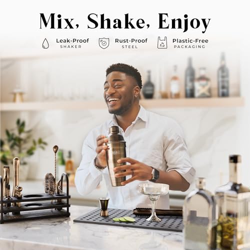 BARE BARREL® Mixology Bartender Kit Bar Set | 14-Piece Cocktail Shaker Set | Martini Barware Mixing Tools for Home Bartending | 35 Recipe Cards | Gift Set (24oz Cobbler Shaker, Brass/Black) - color: Brass/Black
