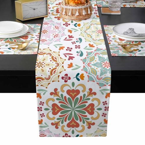 Table Runner and Placemats Set of 4 Bohemian Floral Leaf Decorative Dining Table Runner with Matching Placemats Vintage Abstract Flowers Table Decor for Kitchen Dining Room and Everyday Use 13x90in - size: 13"x90"+4pcs