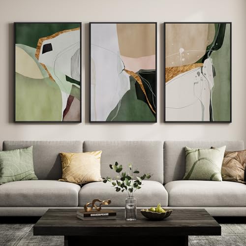 Large Framed Sage Green Abstract Wall Art for Living Room, 3 Piece 24x36 In | Green beige gold block pictures, Canvas prints, Modern painting, Artwork for walls, Wall decor for bedroom dining room office - color: Dark Green, size: 24" W x 36" H x 3pcs