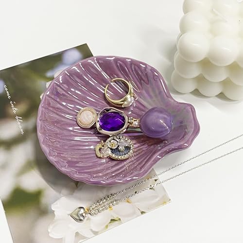 Shell Jewelry Ring Holder Dish, Seashell Jewelry Dish Tray, Ceramic Jewelry Plate Bowl, Engagement Trinket Dish, Wedding Birthday Mother's Day Christmas Gift for Women, 3.9", Purple Iridescent Surface - color: Purple