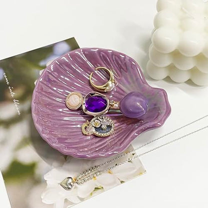 Shell Jewelry Ring Holder Dish, Seashell Jewelry Dish Tray, Ceramic Jewelry Plate Bowl, Engagement Trinket Dish, Wedding Birthday Mother's Day Christmas Gift for Women, 3.9", Purple Iridescent Surface - color: Purple