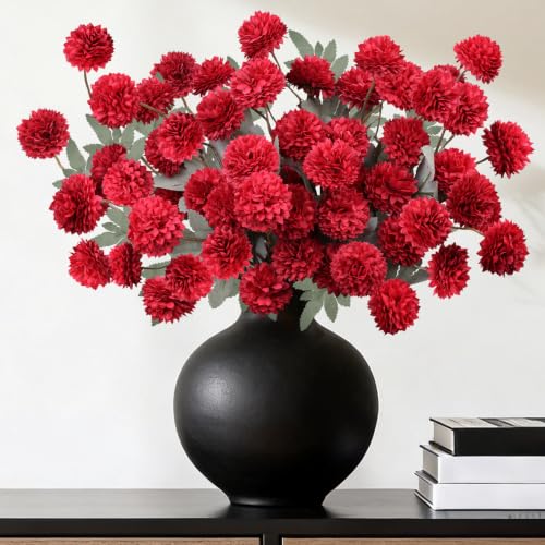 INQCMY Artificial Silk Mums 20" Faux Stem Kiku Flowers for Vase Home Decor | 12 Pcs Fake Chrysanthemums Red Fall Flower, Realistic Pompon Balls Bouquets for Living Room Wedding Centerpieces Indoor - color: Red