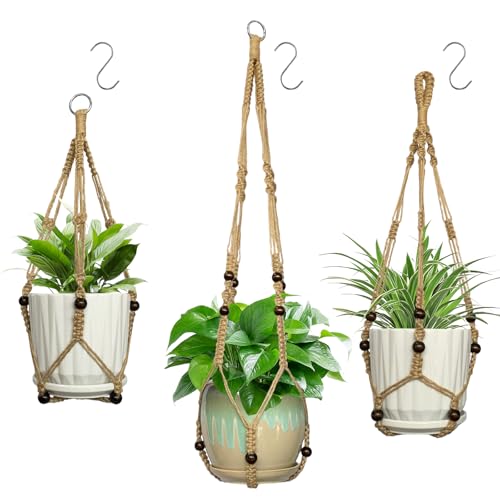 3 Pcs Macrame Plant Hangers,Indoor Different Size Hanging Planter Basket Flower Pot Holder with Beads,No Tassels Hanging Planter Basket with Wood Beads for Indoor Outdoor Home Decor - color: Brown