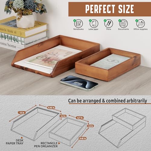 DEMIGO Desk Organizer Letter Tray Set of 2, Natural Acacia Wood Paper Tray | Wooden Tabletop Holder for Files, Folders, Notebooks & Documents, Workspace Stationery Storage Saver