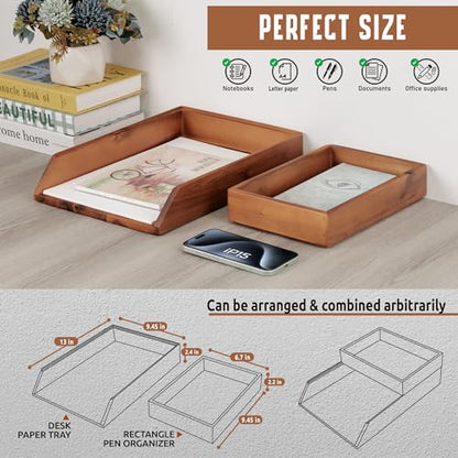 DEMIGO Desk Organizer Letter Tray Set of 2, Natural Acacia Wood Paper Tray | Wooden Tabletop Holder for Files, Folders, Notebooks & Documents, Workspace Stationery Storage Saver