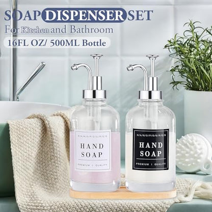 Dish and Hand Soap Dispenser, Set of 2 * 16.9oz | Glass Soap Dispenser with Pump,Tray,Funnel,500ML Countertop Soap and Lotion Dispenser for Kitchen, Bathroom Set - color: Ks-5010-34y-2s