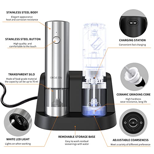 CIRCLE JOY Electric Salt and Pepper Grinder Set Stainless Steel Spice Grinder Automatic Pepper Mills with Easy-to-Carry Dual Charging Station, White Led Light, and Adjustable Coarseness, Silver - color: Upgrade Silver