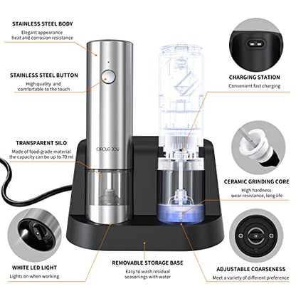 CIRCLE JOY Electric Salt and Pepper Grinder Set Stainless Steel Spice Grinder Automatic Pepper Mills with Easy-to-Carry Dual Charging Station, White Led Light, and Adjustable Coarseness, Silver - color: Upgrade Silver