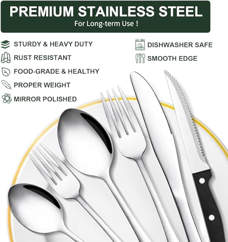 49-Piece Silverware Set with Organizer, CEKEE Stainless Steel Flatware Cutlery Set Service for 8, Mirror Polished Kitchen Utensils Set with Steak Knives Included Spoons and Forks Set & Tray