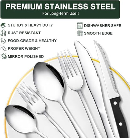 49-Piece Silverware Set with Organizer, CEKEE Stainless Steel Flatware Cutlery Set Service for 8, Mirror Polished Kitchen Utensils Set with Steak Knives Included Spoons and Forks Set & Tray