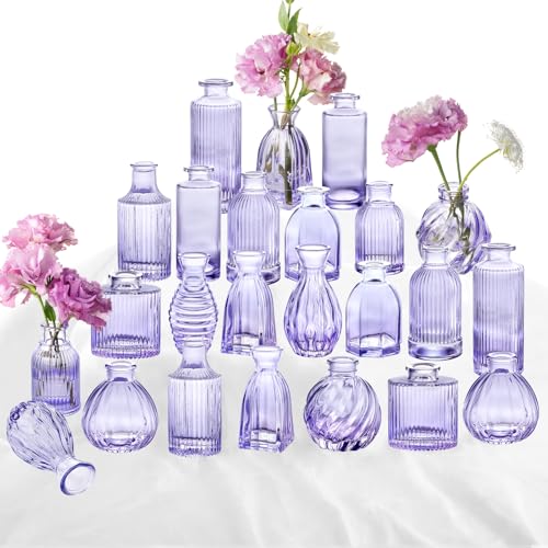 Glass Bud Vases 24 in Bulk, Small Purple Vase Glass Vases for Flowers Modern Ribbed Colored Bud Vase for Decor Wedding Flower Vase in Bulk Vintage Decor Bridal Shower Centerpieces Home Decoration - color: Purple, size: 2 Packs