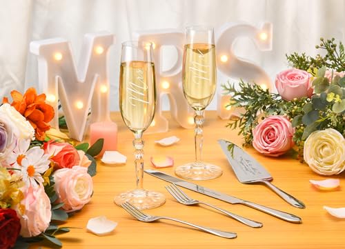 Wedding Cake Knife and Server Set with Forks, Crystal Champagne Flutes | Classical Style Toasting Glasses for Bride and Groom, Wedding Gifts for Couples, Engagement and Bridal Shower Gifts - color: Silver