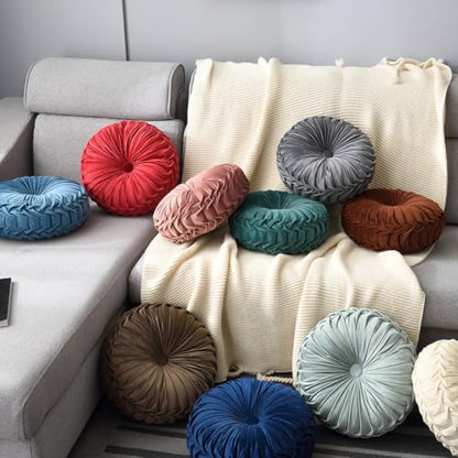 Round Throw Pillow Velvet 1 Pcs 14.17" Home Decoration Pleated 3D Pumpkin Pillow Cushion for Couch Chair Bed Car (Dark Coffee)