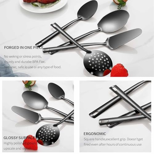 Lazycorner Cooking Utensil Set 11 Pcs Stainless Steel Kitchen Utensils Set Wok Utensils Kitchen Tool Set Spatula Set Heat Resistant Metal Kitchen Tools Ergonomic HandleEasy to Clean Dishwasher Safe - color: Black