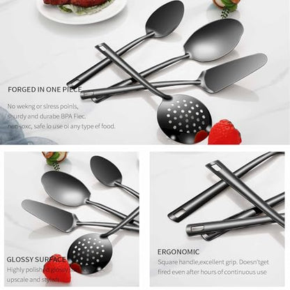 Lazycorner Cooking Utensil Set 11 Pcs Stainless Steel Kitchen Utensils Set Wok Utensils Kitchen Tool Set Spatula Set Heat Resistant Metal Kitchen Tools Ergonomic HandleEasy to Clean Dishwasher Safe - color: Black