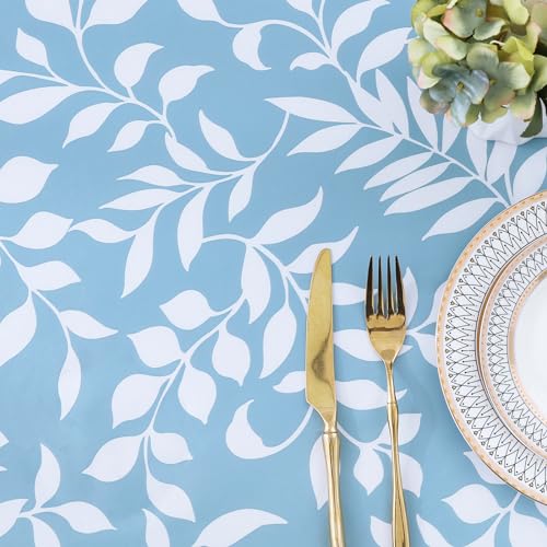 Rectangle Vinyl Tablecloth, Fitted Table Cover, 100% Waterproof, Elastic Edge, Flannel Backing, Plastic Table Cloth Fit 6 Foot Folding Tables for Picnic, Camping (Blue Leaves, 30x72 inch) - color: Baby Blue, size: 72" x 30" (Rectangular)