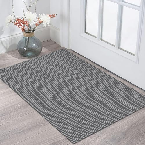 KOZYFLY 2x3 Washable Entryway Rug, Non Slip Woven Indoor Door Mat, Grey | Braided cotton throw rug with rubber backing for entryways, front doors, kitchens, foyers and other indoor spaces - color: Charcoal Grey/Dark Grey, size: 2' x 3' (Rectangular)