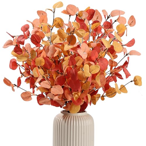 HNVNER 5 Bunches Artificial Fall Eucalyptus Stems Leaves, 24" Autumn Faux Eucalyptus Plant Fake Silk Foliage Artificial Flowers for Autumn Decorations, Floral Arrangement,Thanksgiving Halloween Décor - color: Orange