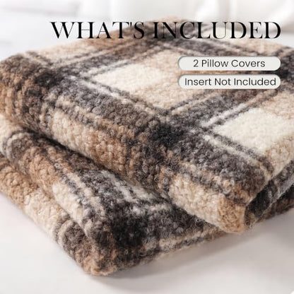 Brown Plaid Pillow Covers, Fuzzy Boucle Farmhouse Throw Pillow Covers 20x20 | Set of 2, Autumn Cozy Fluffy Curly Sherpa Throw Pillows, Black Tan Brown Checkered Accent, For Living Room, No Pillow Insert - color: Brown Buffalo Plaid Indoor Pillow Covers, s