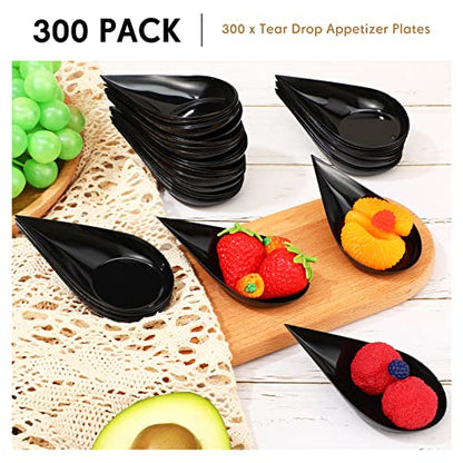 300 Pcs 4 Inch Appetizer Spoons Tear Drop Mini Appetizer Plates Disposable Plastic Tasting Spoons Asian, Mini Dessert Containers for Catering, Wedding, Birthday Party, Holiday Event (Black) - color: Black