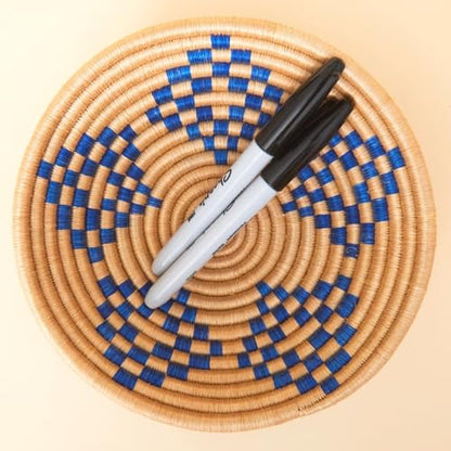 Small African Wicker Basket Bowl, 7" Wide, Blue - color: Blue